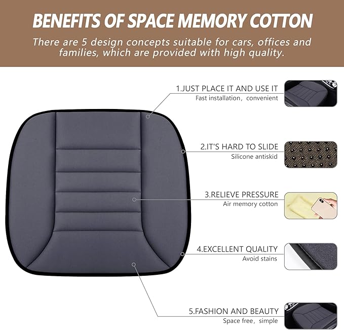 MYFAMIREA Car Seat Cushion Pad 1.2" Thick Comfort Seat Protector for Car Driver Seat Office Chair Home Use Memory Foam Seat Cushion with Non Slip Bottom, 20'' x 18.5'', Dark Gray
