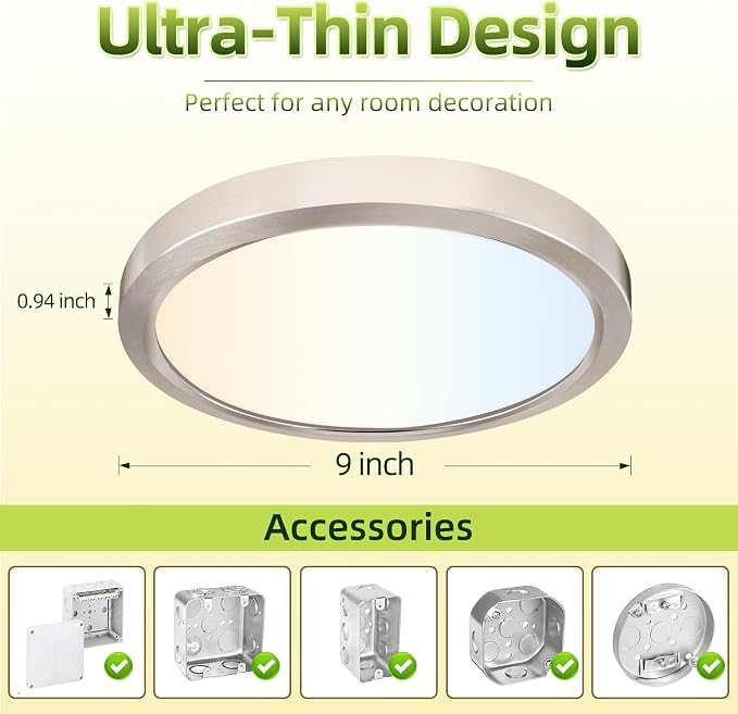 hykolity 9 Inch Selectable CCT LED Round Flat Panel Light,18W,1800LM,3CCT | 3000K/4000K/5000K,Edge-Lit Flush Mount Ceiling Light Fixture for Kitchen, Bedroom, Laundry and Closet Room,Brush Nickel