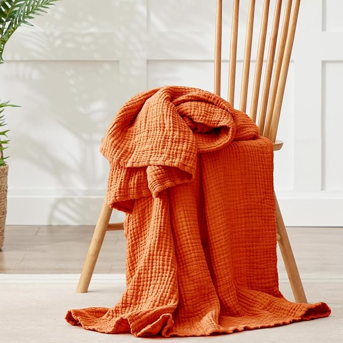 100% Cotton Muslin Blanket Twin 66" x 90", 6 Layers Breathable and Lightweight Cotton Blankets for Couch, Soft Cooling Summer Gauze Blanket for Adults All Season, Orange