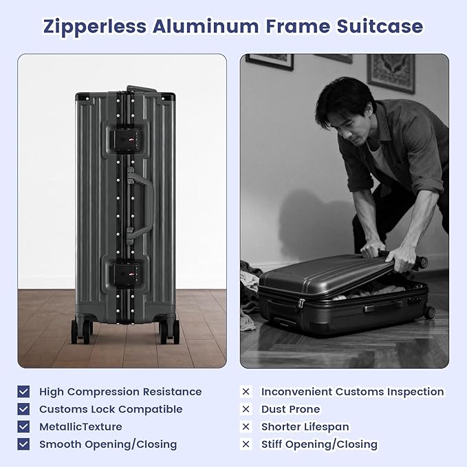 Carry On Luggage, 24 Inch Zipperless Luggage, Aluminum Frame Hardside Suitcase with TSA Lock, Spinner Wheels, Phone Holder, Charging Port, Cup Holder for Lightweight Travel, Grey
