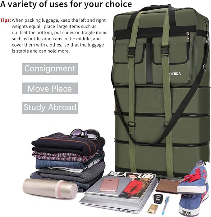 130L Expandable Luggage, 40 Inch Suitcase with Wheels, Collapsible Luggage with Wheels, Rolling Duffle Bag with wheels, Foldable Suitcasewith2Handle Wrap 2Fixing Straps 1Shoulder Strap (Green)