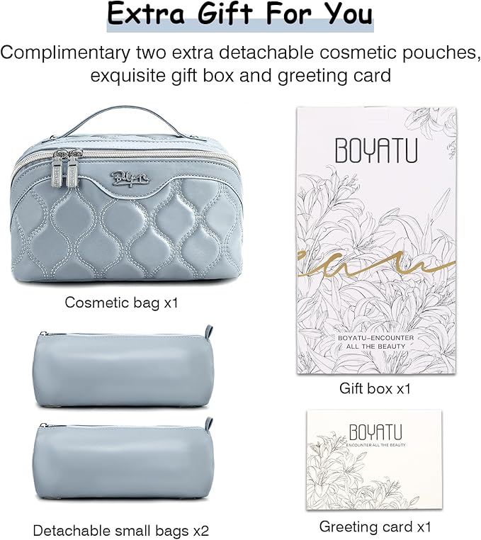 BOYATU Travel Makeup Bags for Women Cosmetic Bag: Puffy Make up Bags Set of 3 - Vegan Leather Makeup Organizer - Waterproof Large Toiletry Bag with Compartments - Travel Essentials (H-4-Blue)