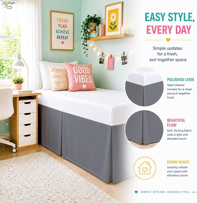 Cottington Lane Tailored Box Pleated College Dorm Bed Skirt Twin XL, Hotel Quality Premium Brushed Microfiber Extra Long Bedskirt Twin XL 42 Inch Drop, Dark Grey Dorm Bedding