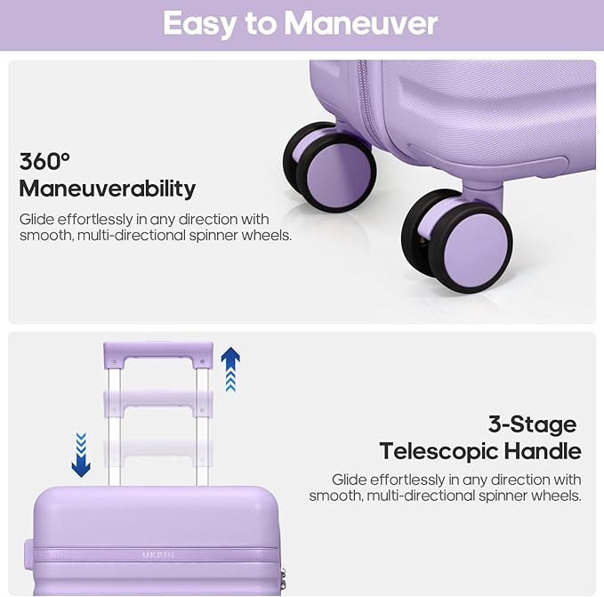 UKEIN Luggage Sets 3 Piece, Carry On Luggage 20In With Spinner Wheels,PC Hardside Suitcase Set with TSA Lock,Durable Carry On Suitcase With Travel Backpack for Men (Violet, 3 piece set (BP/20inch))
