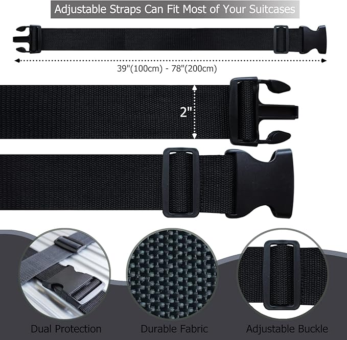 4 PCS Luggage Strap 78" x 2" Suitcase Belts Wide Adjustable Packing Straps Travel Accessories, Black