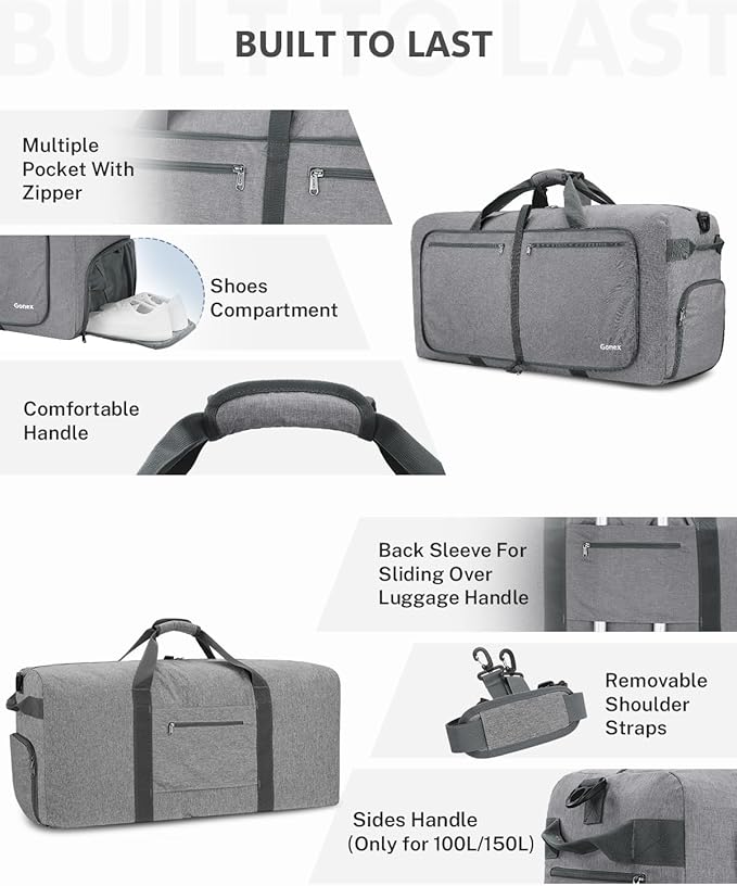 Gonex 40L 60L 80L 100L 150L Large Foldable Travel Duffle Bag with Shoes Compartment, Packable Lightweight Water Repellent Duffel Bag for Camping Gym Weekender Bag