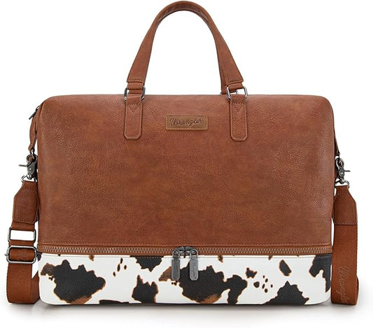 Wrangler Travel Duffel Bag Carry On Overnight Bag with Shoe Compartment Cow Print Weekender Bag for Women WG253-5110COW-BR
