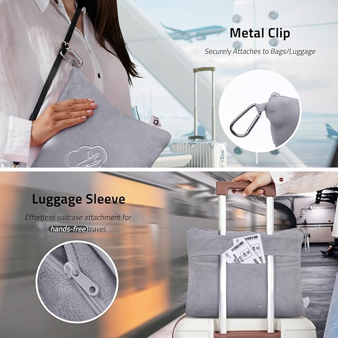 Travel Blanket, Airplane Blanket, Ultra-Soft, Warm & Lightweight, 65x40 in, Outdoor Blanket Essentials for Women, Men & Kids, Included Eye Mask, Luggage Sleeve & Backpack Clip Grey