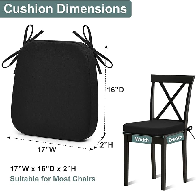 Shinnwa Dining Chair Pads Set of 6, Patented Design Memory Foam Kitchen Chair Cushions with Ties and Washable Cover, 6 Pack, 17" x 16" x 2", Black