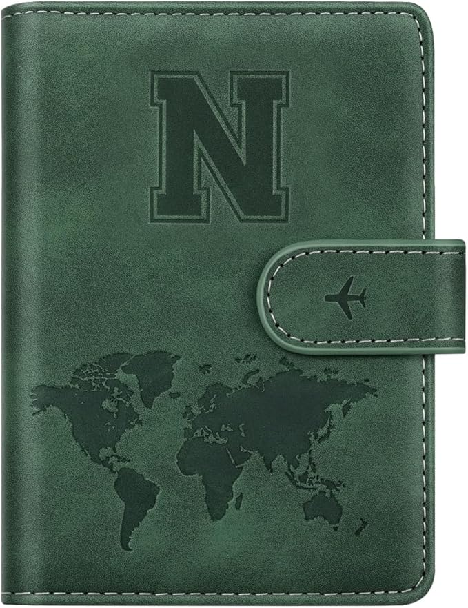 Personalized N Passport Holder Cover Initial Letter Travel Wallet RFID Blocking Passport Cover Credit Card Holder Case Passport Book Holders for Women and Men, Pine Green-N