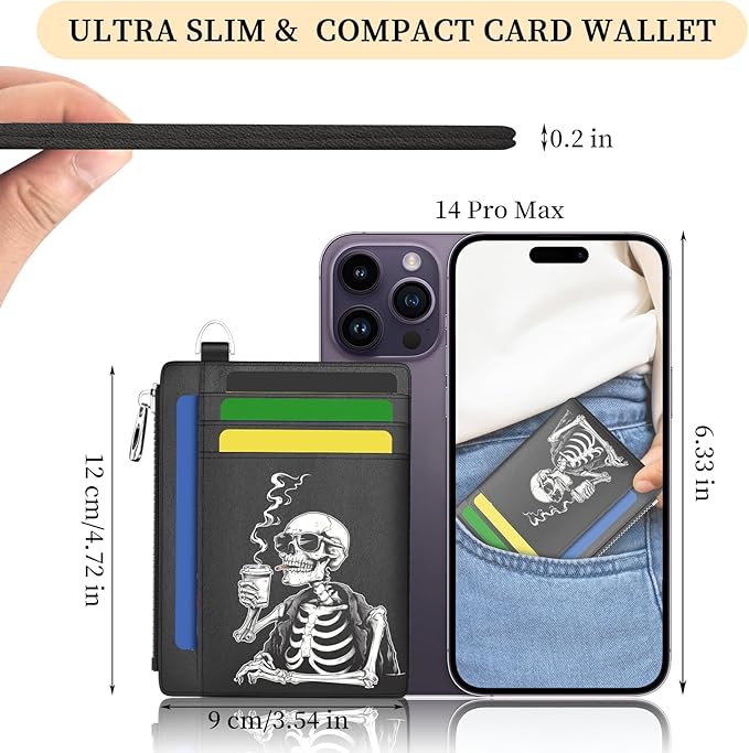 Hancynir Slim Wallet Women Credit Card Holder, Skull Skeleton RFID Blocking Small Mini Card Wallets, Funny Front Pocket PU Leather Card Case, Thin Travel Zipper Coin Cash Ladies Female Wallet Gifts
