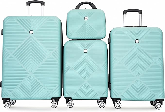 Luggage 4 Piece Set, Hardshell ABS Suitcase Set with Double Spinner Wheels, Lightweight Durable Large Luggage set, Carry On and Checked Travel Luggage, Light Blue