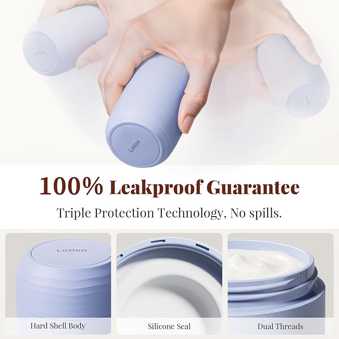 New Travel Toiletry Containers [Ultra Leakproof] TSA-Approved, PLA Hard Shell Jars with 5 Magnetic Labels, Wide Mouth Bottles for Lotion, Cleanser, Shampoo, Conditioner, Blue, 3 Pack, 2OZ