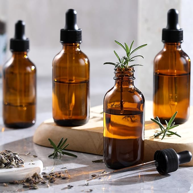 4 Pack, 1 oz Amber Glass Dropper Bottles Plus 2pcs Graduated Calibrated Glass Pipettes (1ml)- 30ml Dark Brown Tincture Bottles with Eye Droppers for Essential Oils, Liquids - Leakproof Travel Bottle