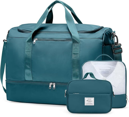Extra Large Travel Duffle Bag,Carry on Overnight Weekend Bag with Shoes Compartment,Weekender Bags for Women for Travel Business Trips Sport Hospital,3 Pcs Set,Peacock Blue