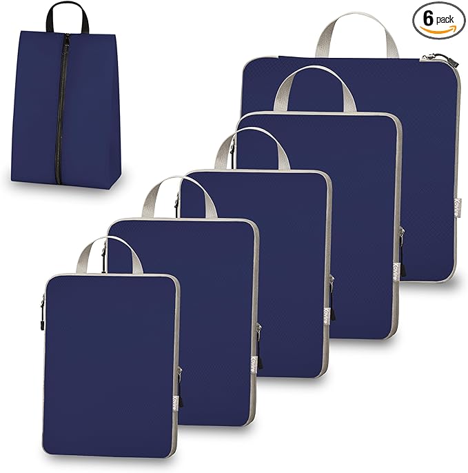 Compression Packing Cubes for Travel, Set of 6 Expandable Luggage Organizers with Shoe Bag, Lightweight Water-Resistant Suitcase Essentials for Carry-on & Checked Luggage, Blue