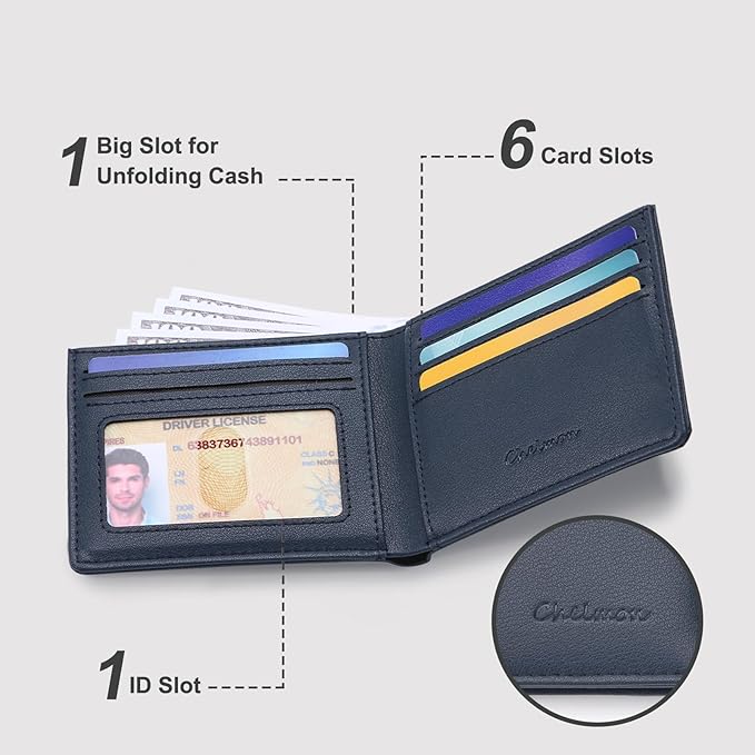 Chelmon Slim Wallet for Men ID Window with RFID Blocking Front Pocket Minimalist Bifold Bussiness Card Holder Gift for Men, Dark Blue
