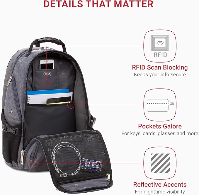SWISSGEAR 1900 ScanSmart TSA Laptop Backpack Fits 17 Inch Laptop with RFID Protection and Tablet Pocket, Heather Grey, 19-Inch