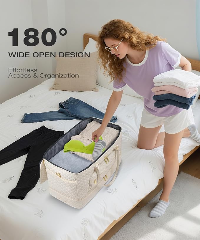 Travel Duffle Bag, Wide Open Large Weekender Bag for Women with Shoe Compartment, Carry on Overnight Bags with Toiletry Bag, Hospital Bag for Women Labor Delivery with Wet Pocket (Beige)