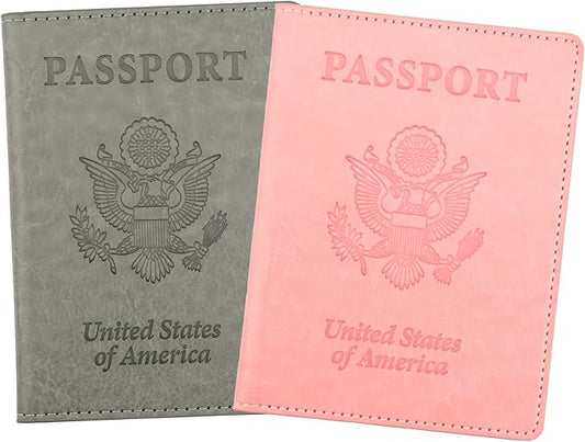 Passport Holder, Passport Cover, Passport Holder for Women, 2 Pack Travel Passport Wallet, Leather Passport Case, Passport Protector International Travel Must Haves Accessories, Grey+Pink