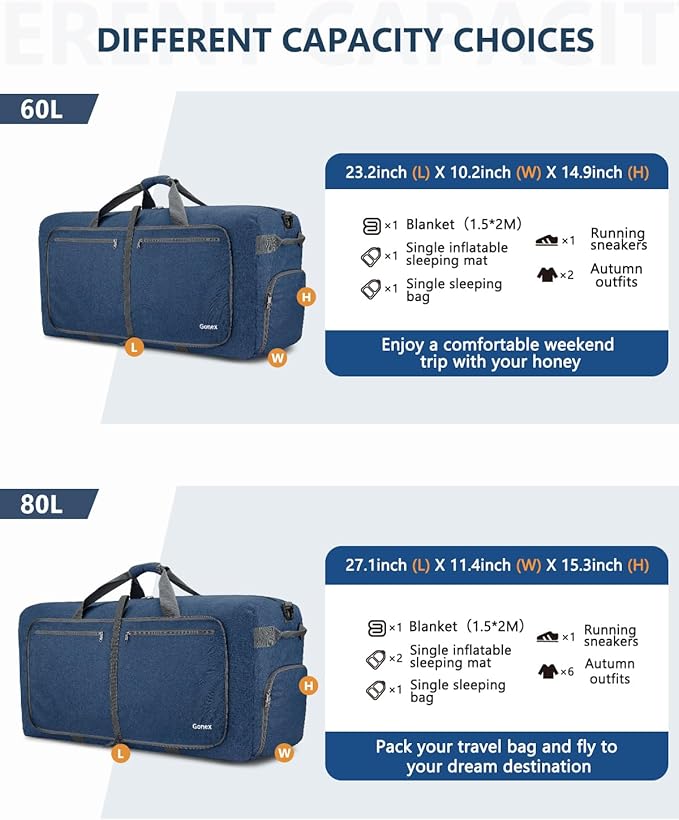 Gonex 40L 60L 80L 100L 150L Large Foldable Travel Duffle Bag with Shoes Compartment, Packable Lightweight Water Repellent Duffel Bag for Camping Gym Weekender Bag