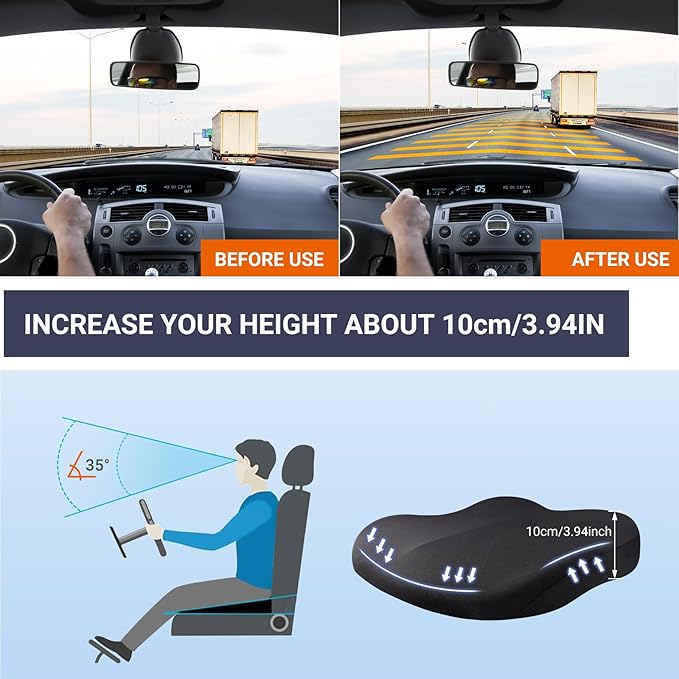 Adult Booster Car Seat Cushion, Wedge Memory Foam Pad for Driving Seat, Effectively Increase Height By 3.94 inch, Car Travel Accessories for Long Trips, (Black)