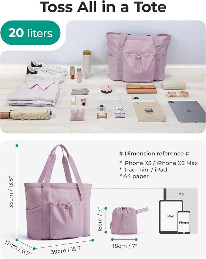 BAGSMART Foldable Tote Bag with Drawstring Bag, Large Tote Bag Shoulder Bag Top Handle Handbag for Travel, Work, Beach, Gym