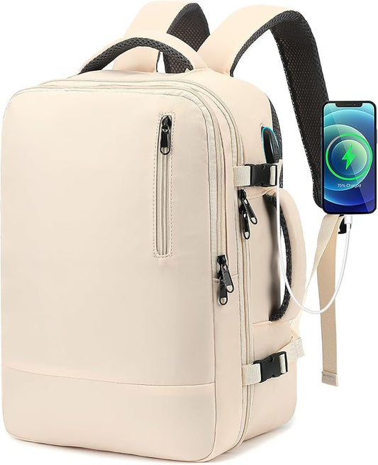 TANTOMI Travel Backpack for Women, 15.6 Inch Laptop Backpack Flight Approved, Small Carry-On Bags with USB Charging Port & Shoe Pouch, Casual Daypack on Airplane for Weekender Work Business, Beige