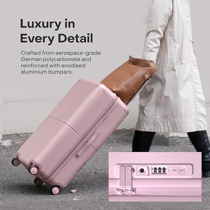Checked Plus with CaseSafe - 28.75" Trackable TSA Lock Airline Approved Check In Luggage with Wheels, Rolling Suitcase for Men & Women - Silent Spinner Wheels, Y-Strap - Blush Pink