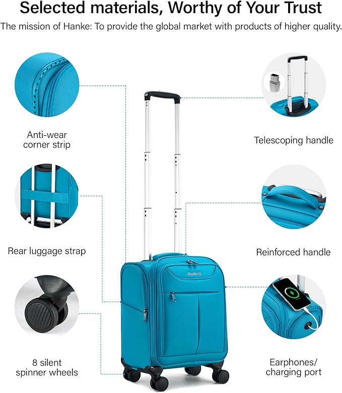 Hanke Underseat Carry On Luggage with Wheels, Lightweight Small Suitcase Airline Approved 16 Inch Softside Personal Item Travel Bag for Women Men, Compact Under Seat Luggage.(Caribbean Blue)