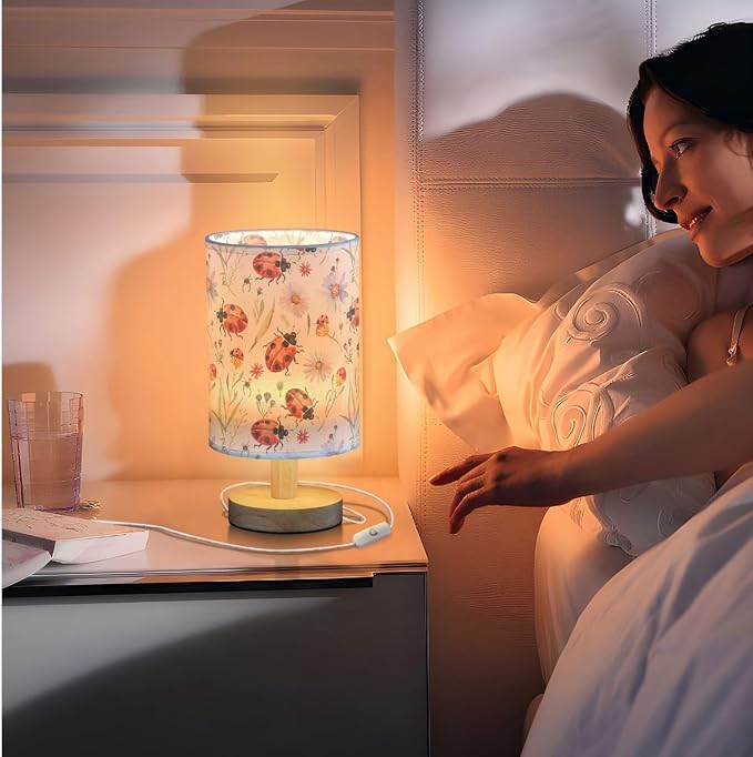Ladybug Flowers Botanical Table Lamp for Bedroom USB Port Lamps Small Accent Table Lamp Nightstand Lamp Study Linen Shade with Wooden Base, Decorative Lamps for Bedside Reading|Kids|Dorm|Home
