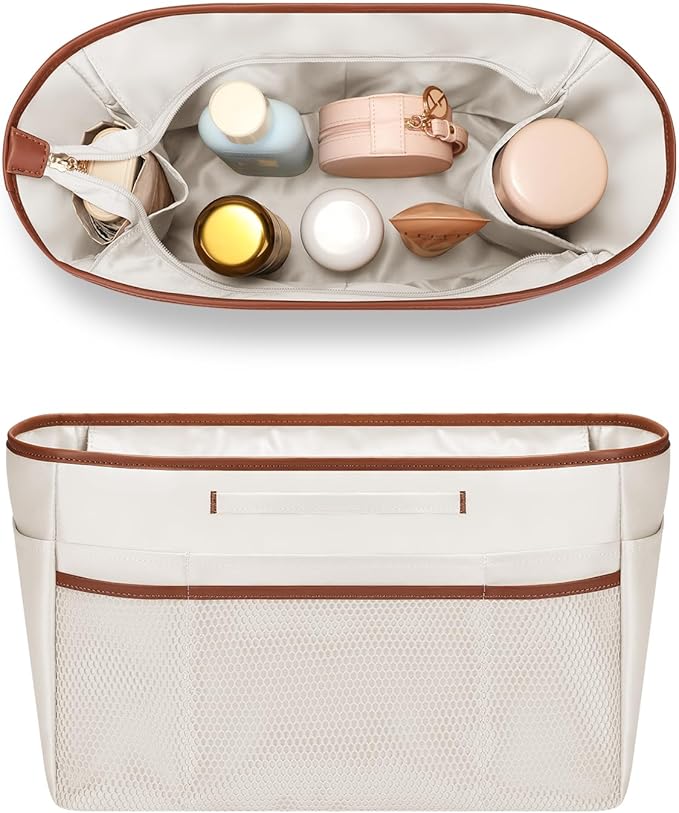 GIVLEFLY Small Purse & Handbag Organizer Insert with Zipper, Multiple Pockets and Handle, Lightweight Bag Divider,White