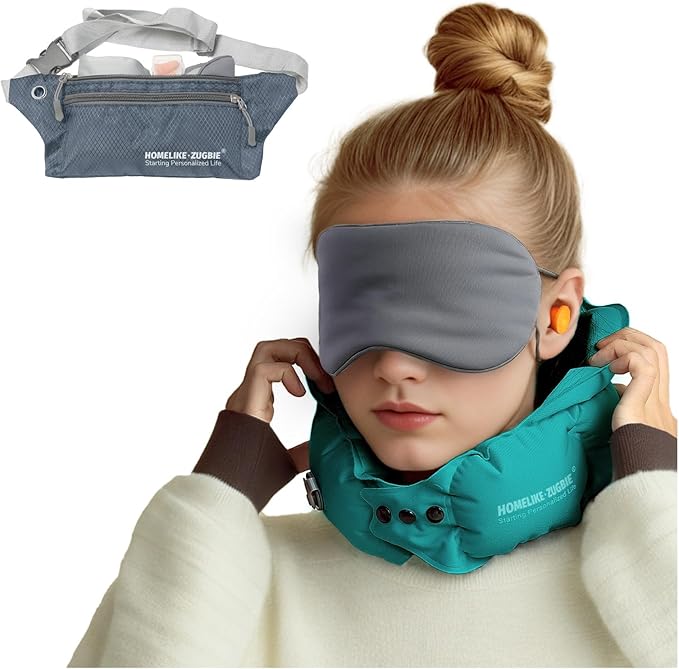Inflatable Travel Pillow for Airplane, Inflatable Neck Pillow Airplane for Travel Office Nap Neck Support, Buy 1 Get 3 Professional Sleeping Eye Mask and Highly Silent