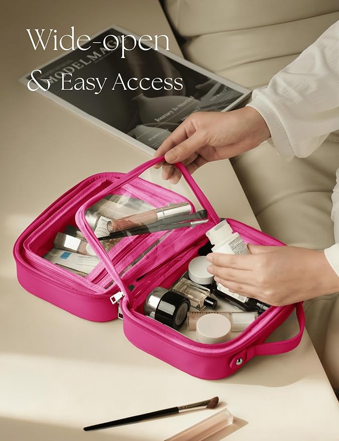 Clear Cosmetic Bag Double Layer Travel Toiletry Bag Clear Makeup Bag Case with 4 Compartments, Transparent Travel Bag for Toiletries, Large Toiletry Bag for Women Cosmetic Case (Hot Pink, Small)