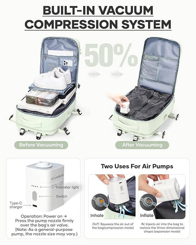coofay Vacuum Backpack Travel with Pump Vacpack Travel Backpack with Vacuum System Compression Backpacks
