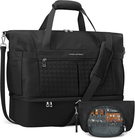 Maelstrom Gym Bag for Women,40L Travel Duffel Bag with Shoes Compartment and Wet Pocket,Waterproof Carry On Weekender Bag,Sport Gym Tote Bags Swimming Yoga, Hospital Holdalls（Black）