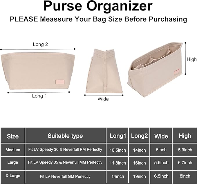 Doxo Purse Organizer Insert, Felt Bag Insert Tote Shaper Fit LV Neverfull PM & Base Shaper 2pc Set with Zipper Pocket and Bottle Holder (Medium-Beige-Combination)