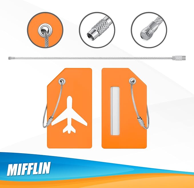 Mifflin-USA Silicone Luggage Tags (Orange, 2 Pack) with Plane Embedded Design & Name ID Card; Bright Colors to Quickly Find Your Bag