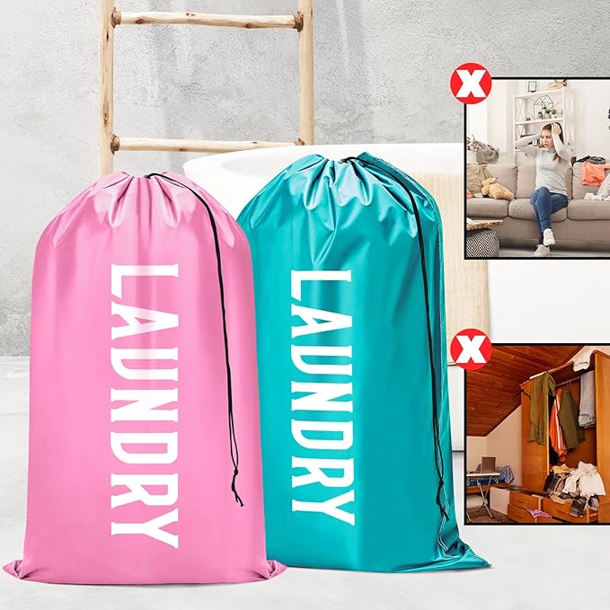 Fiodrimy 2 Pack XL Travel Laundry Bag, Machine Washable Dirty Clothes Organizer, Large Enough to Hold 4 Loads of Laundry, Easy Fit a Laundry Basket (Pink+Blue, 24" x 36")