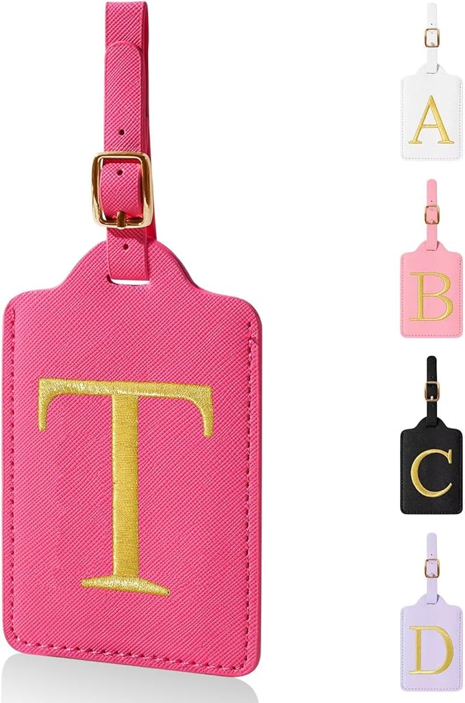 Personalized Initial Luggage Tags for Suitcases,Leather Letter Cute Luggage Tags with Privacy Name Card,Embroidered Monogrammed Travel Bag Backpack Tag Gifts for Women Kids Girls Teens(Rosered-T)