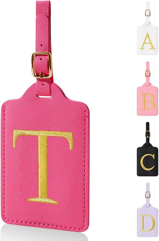 Personalized Initial Luggage Tags for Suitcases,Leather Letter Cute Luggage Tags with Privacy Name Card,Embroidered Monogrammed Travel Bag Backpack Tag Gifts for Women Kids Girls Teens(Rosered-T)