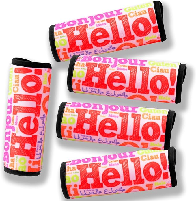 Luggage Handle Wrap for Suitcase-Printed Bright Neoprene Luggage Tags/Grips/Identifiers/Markers/Covers/Gripper for Suitcases Carry On Bags 5 Packs (Hello)