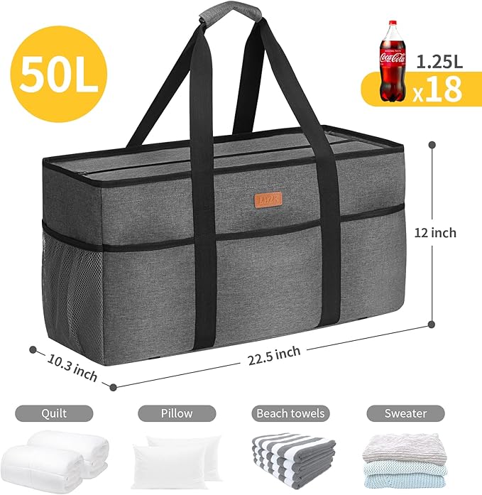LHZK Stand Up Extra Large Utility Tote Bag with Lid, Utility Tote Bag with Metal Wire Frame and the Sides Rinforced, Reusable Grocery Bags Foldable, Beach Bag, Car Tote (Gray)