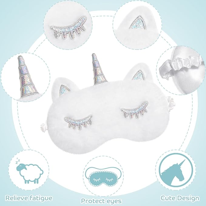 Geyoga Sleep Mask for Kids, Girls Plush Sleeping Eye Cover Soft Eye Blindfold Cover Animal Shade for Kids(White,Cat and Unicorn Style, White)