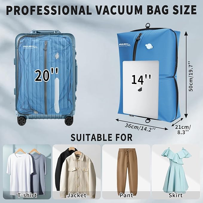 Reusable Vacuum Bags for Travel With Pump,Professional Waterproof IPX8 Vacuum Compression Bag for Suitcases Backpack,Space Saver Bags Packing Organizers for Clothing Packing(2 Pack,Blue)