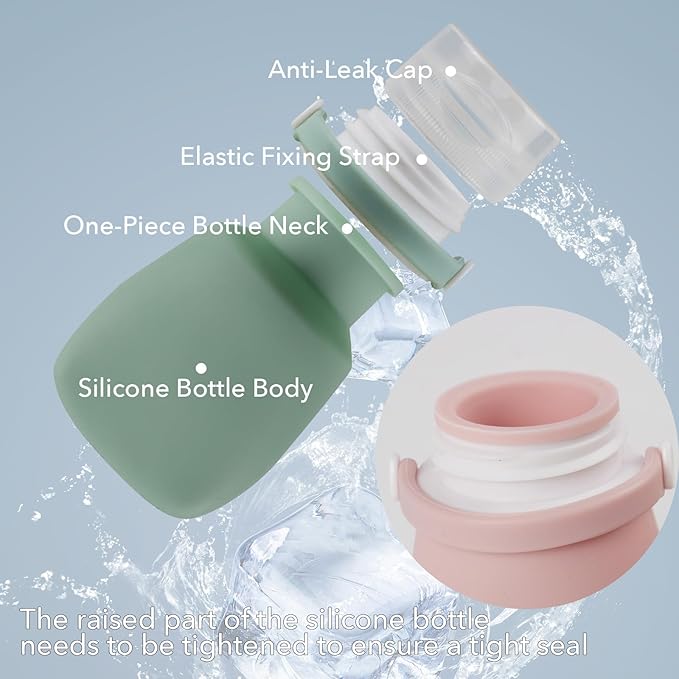1oz Travel Bottles for Toiletries, Silicone Leak-Proof TSA Approved Travel Size Containers (4-Pack) - Reusable Refillable Bottles for Shampoo, Body Wash, Lotion (White Green)