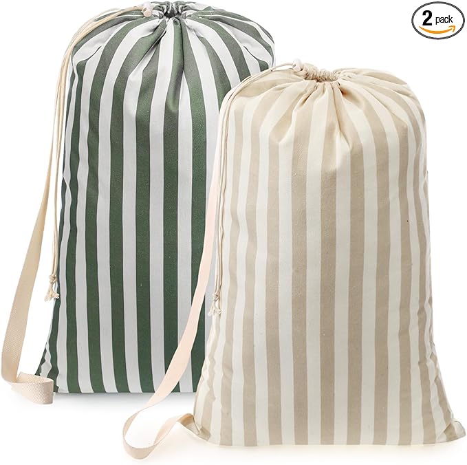 SATINIOR 2 Pcs Stripe College Laundry Bag Green Beige Canvas Travel Laundry Bags with Drawstring Shoulder Straps 29" x 18" Washable Dirty Clothes Hamper Organizer for Dorm Laundromat Apartment Camping