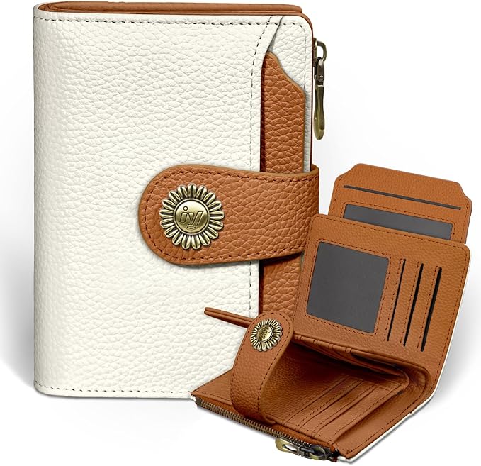 Icycay Beige Small Wallet Women RFID Blocking Bifold, Credit Card Holder, Zipper Coin Pocket, PU Leather, Compact, Travel, 4 ID Window, 14 Card Slots, Cash Purse, Ladies Woman Female Girls