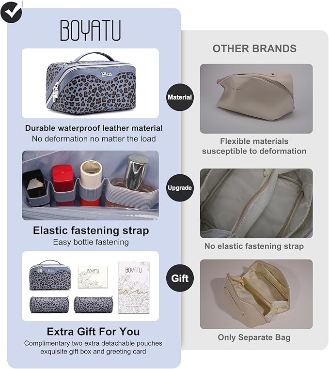 BOYATU Travel Makeup Bags Cosmetic Organizer Bag: 3 Pcs Set Large Capacity Make up Bag with Compartments - Waterproof Leather Toiletry Bags with Handle for Women (B-Light Blue)