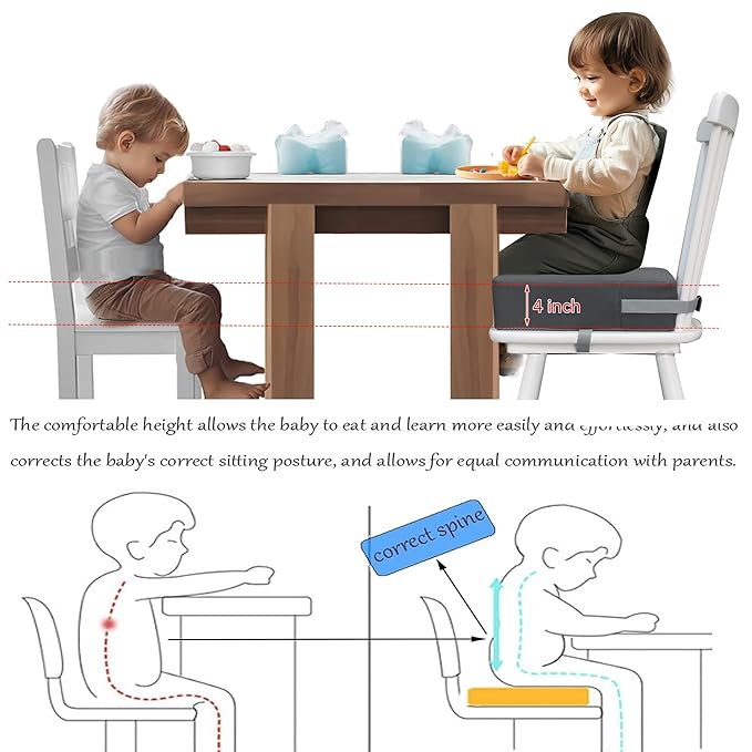 Toddler Booster Seat Dining Table Kitchen Chair, Waterproof Anti-Scratch PU Cushion, Non-Slip Bottom, Adjustable Buckle Straps, Easy Clean Portable Seat Cushion (Dark Grey)